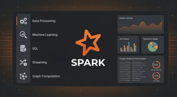 Was ist Spark? Ein Dashboard zeigt Datenverarbeitung, Machine Learning, SQL, Streaming und Graph Computation. Cluster-Aktivität, Job-Status und Ressourcenauslastung sind sichtbar.