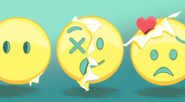 Drei Emojis: neutral, tot (X-Augen) und traurig. Sie zeigen, was bedeuten die einzelnen emojis: von leer zu verletzt, bis hin zu gebrochenem Herzen.