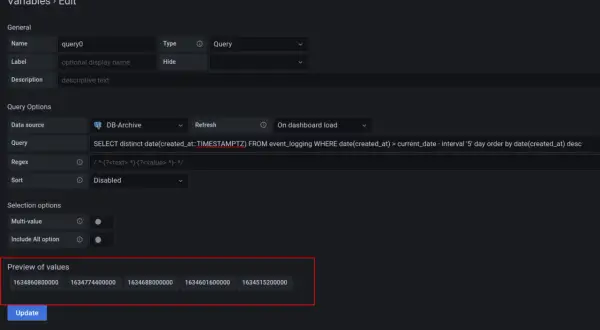 Postgres-Abfrage wandelt String in Timestamp um. Zeigt Daten aus event_logging, gefiltert nach Datum, mit Timestamp-Konvertierung.