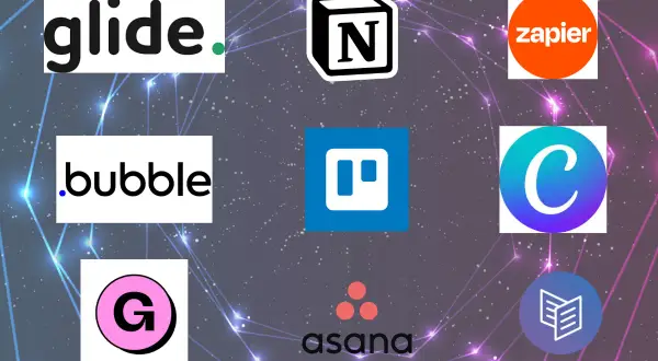 Logos von Glide, Bubble, Notion, Trello, Zapier, Canva, Asana und anderen Tools für Produktivität und Automatisierung.