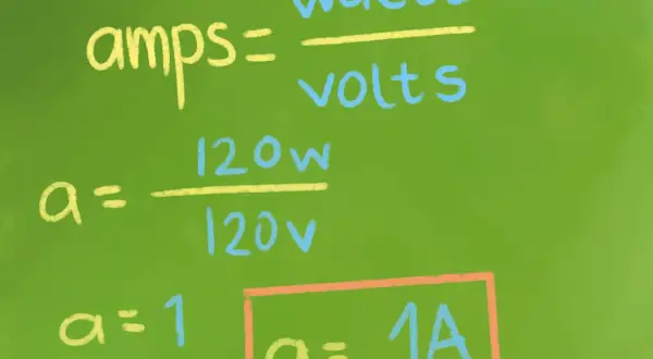 Formel für Stromstärke: Amper = Watt / Volt. Beispielrechnung: 120W / 120V = 1A.