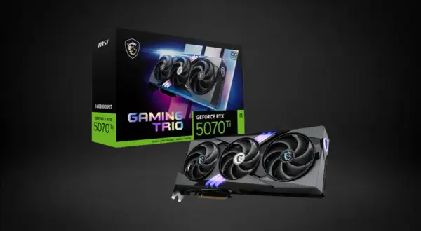 MSI GeForce RTX 5070 Ti Gaming Trio Grafikkarte und Verpackung. Perfekt, um die GPU-Gesundheit für Gaming zu prüfen.