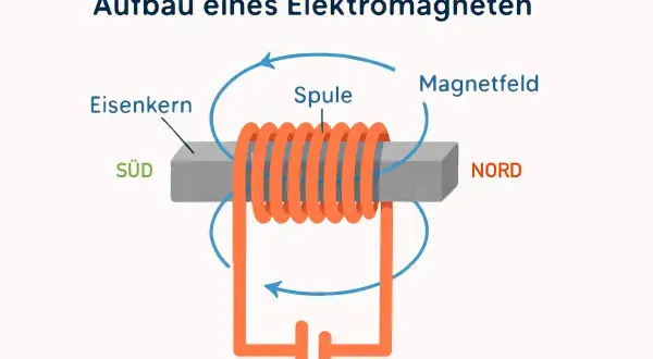 Aufbau eines Elektromagneten: Ein Eisenkern mit Spule, verbunden mit einer Batterie, erzeugt ein Magnetfeld. Südpol und Nordpol sind gekennzeichnet.