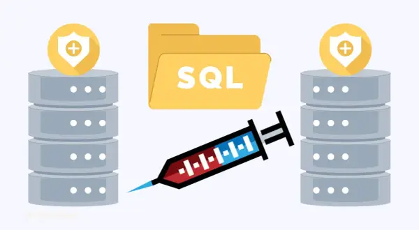 Schutzschilder über Datenbanken, ein Ordner mit "SQL" und eine Spritze, die eine SQL-Injection darstellt. SQL-parameterisierte Abfragen schützen davor.