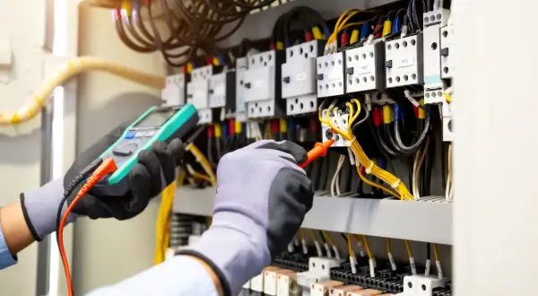Elektriker misst die elektromotorische Kraft in einem Schaltschrank.