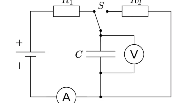 Stromkreis mit Batterie, Schalter S, Widerständen R1, R2, Strommesser A, Spannungsmesse V und einem Kondensator C. Was ist ein Kondensator?