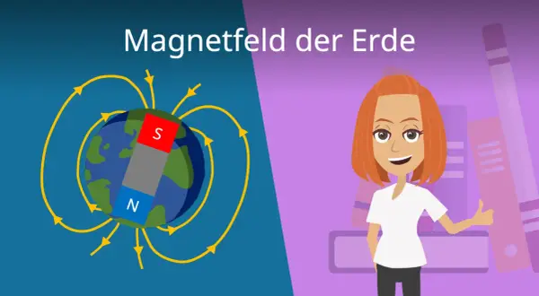 Die Erde mit einem Stabmagneten, der das Magnetfeld der Erde symbolisiert. Eine Frau mit roten Haaren gibt einen Daumen hoch.