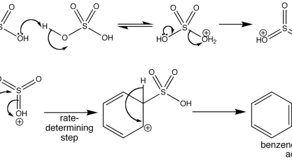 Reaktionsmechanismus zur Bildung von Benzolsulfonsäure: Schwefelsäure reagiert mit Wasser, dann greift Benzol an.