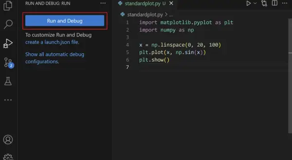 VS Code: Python-Code mit `Run and Debug` starten. Der `python debugger` ist bereit.