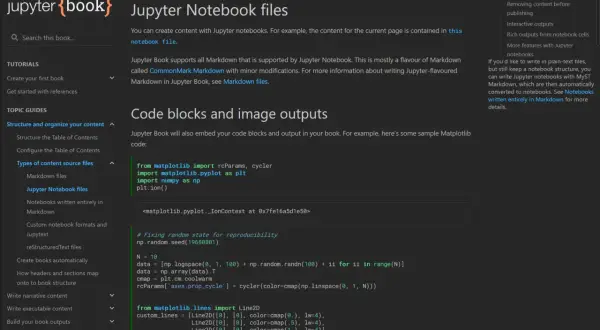 Jupyter Notebook Dark Mode: Code-Blöcke und Bildausgaben werden in Jupyter Book eingebettet.