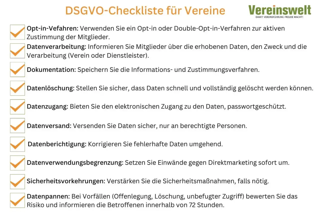 DSGVO-Checkliste für Vereine: Aktive Zustimmung (Opt-in), Information, Dokumentation, Löschung, Zugang, Versand, Berichtigung, Begrenzung, Sicherheit und Umgang mit Datenpannen sind Prinzipien, welchen die Einwilligung unterliegt.