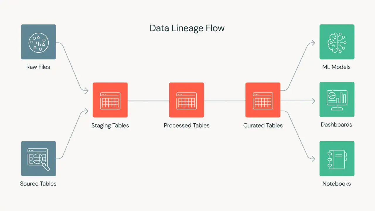 Schema des Data Lineage Flows: Rohdaten und Quelltabellen fließen über Staging- und verarbeitete Tabellen zu kuratierten Tabellen, die ML-Modelle, Dashboards und Notebooks speisen.
