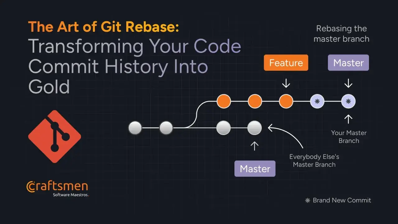 Git Rebase: Verwandelt Commit-Historie. Zeigt Feature- und Master-Branches, die neu geordnet werden. Ein "git abort rebase" könnte hier nützlich sein.