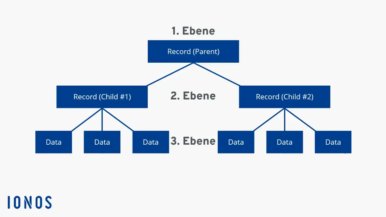 Hierarchische Struktur zeigt, was ein Datenbanksystem ist: ein Eltern-Record mit zwei Kind-Records, die jeweils Daten enthalten.