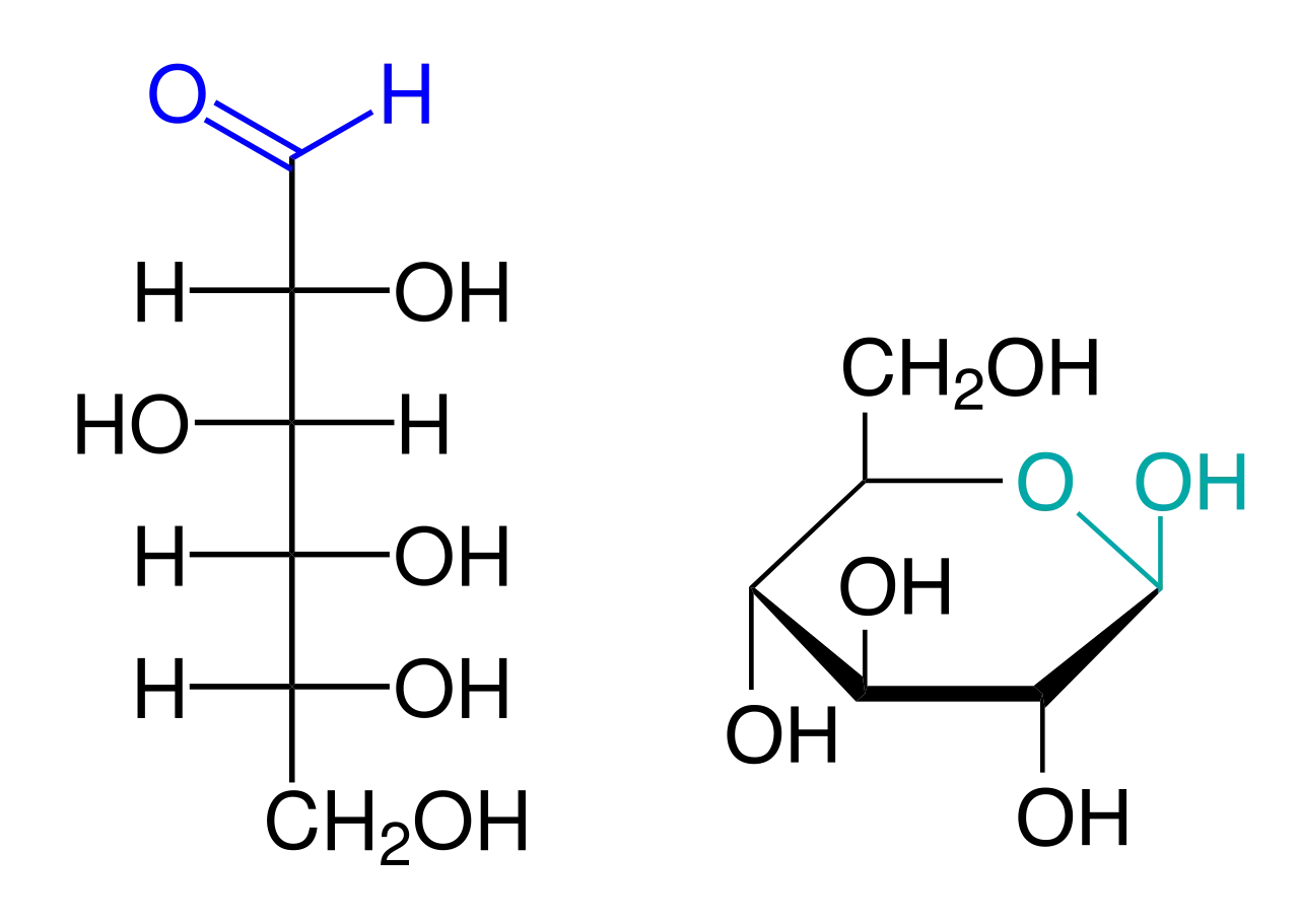 Chemische Strukturformeln: links ein Aldehyd (O=CH), rechts ein Hydroperoxid (O-O-OH). Beide sind Vorläufer für reduzierende Zucker.