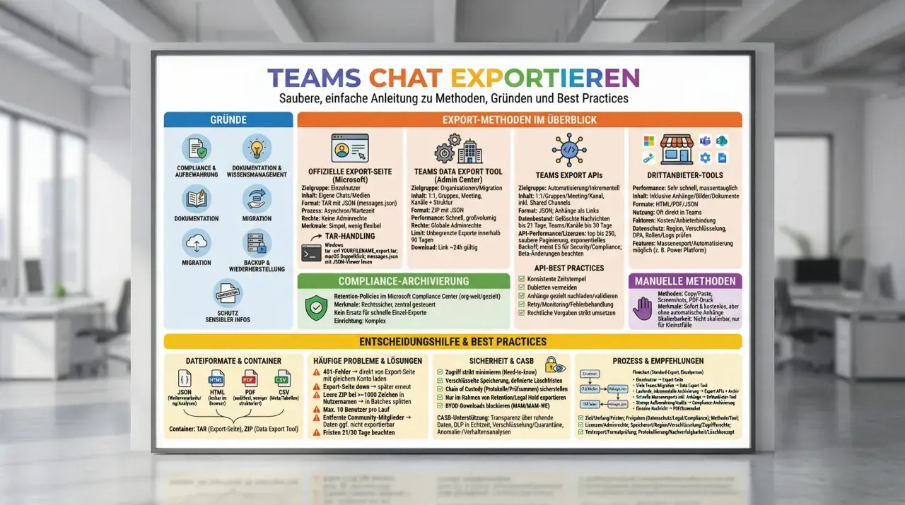 Übersicht der Methoden zum Exportieren von Teams-Chats, inklusive Gründe, Formate und Best Practices. `conda export environment` als Teil der Automatisierung.