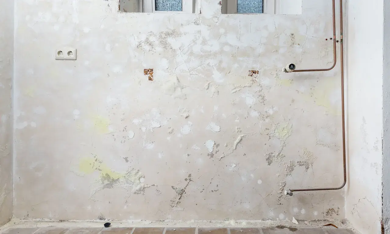 Feuchte Wand mit abblätternder Farbe und gelblichen Ausblühungen, die auf Salpeter hindeuten. Kupferrohre und eine Steckdose sind sichtbar.