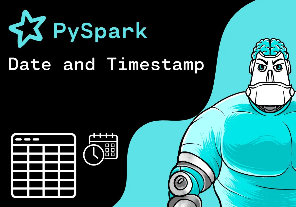 PySpark: Datum und Zeitstempel. Ein Roboter mit Gehirn und ein Kalender mit Uhr symbolisieren die Umwandlung von pyspark timestamp to date.