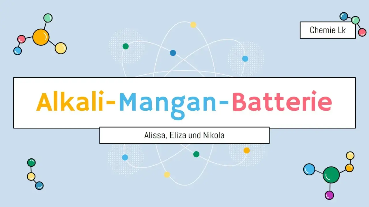 Der Aufbau einer Alkali-Mangan-Batterie, erklärt von Alissa, Eliza und Nikola. Chemische Modelle und Atomstrukturen zieren die Präsentation.
