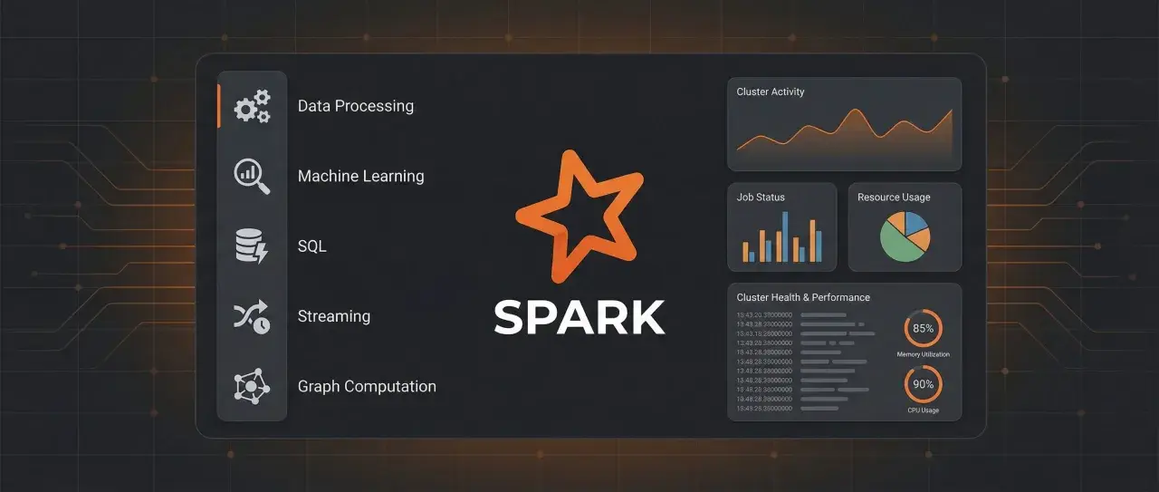 Was ist Spark? Ein Dashboard zeigt Datenverarbeitung, Machine Learning, SQL, Streaming und Graph Computation. Cluster-Aktivität, Job-Status und Ressourcenauslastung sind sichtbar.