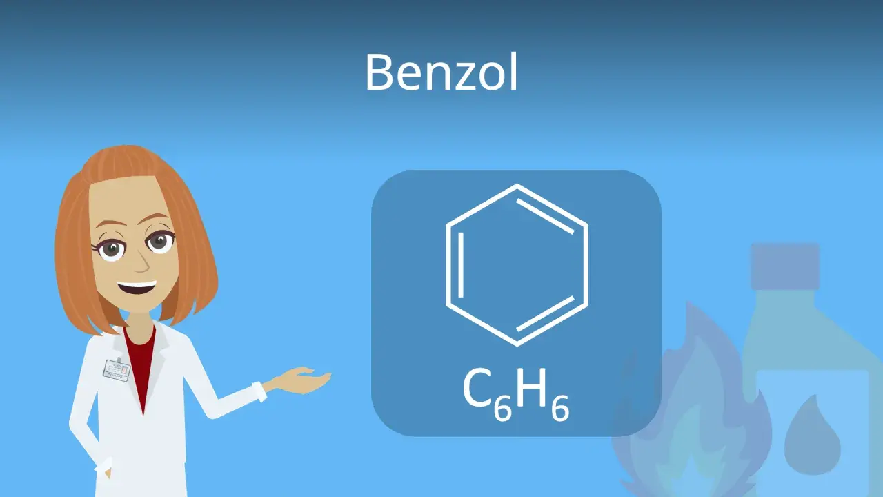Eine Wissenschaftlerin erklärt die chemische Struktur von Benzol, einem Sechseck mit alternierenden Doppelbindungen, symbolisiert durch den Benzolring.