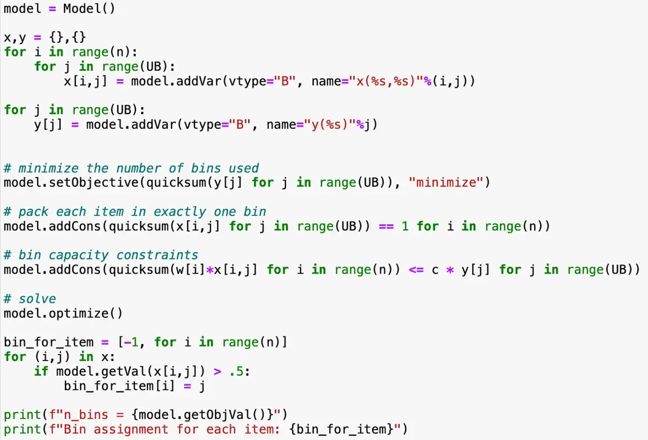 Python-Code zur Lösung des Bin Packing Problems, der Variablen für Artikel und Behälter definiert und die Zuweisung optimiert.