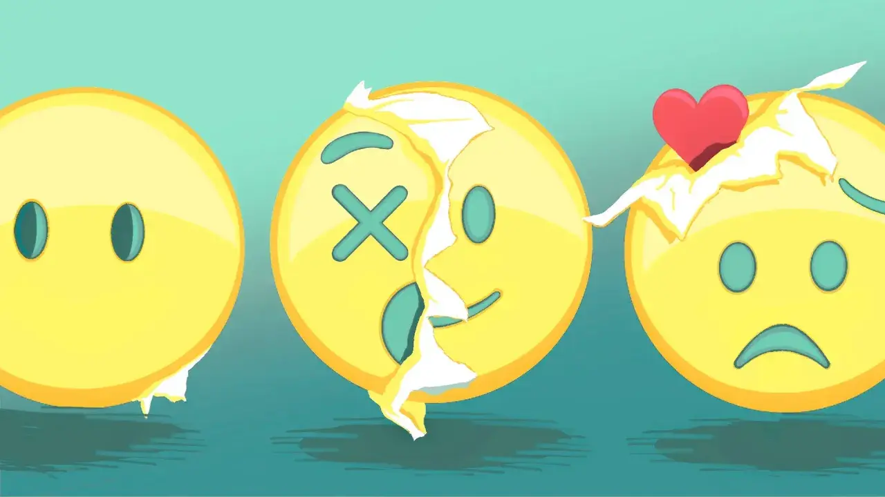 Drei Emojis: neutral, tot (X-Augen) und traurig. Sie zeigen, was bedeuten die einzelnen emojis: von leer zu verletzt, bis hin zu gebrochenem Herzen.
