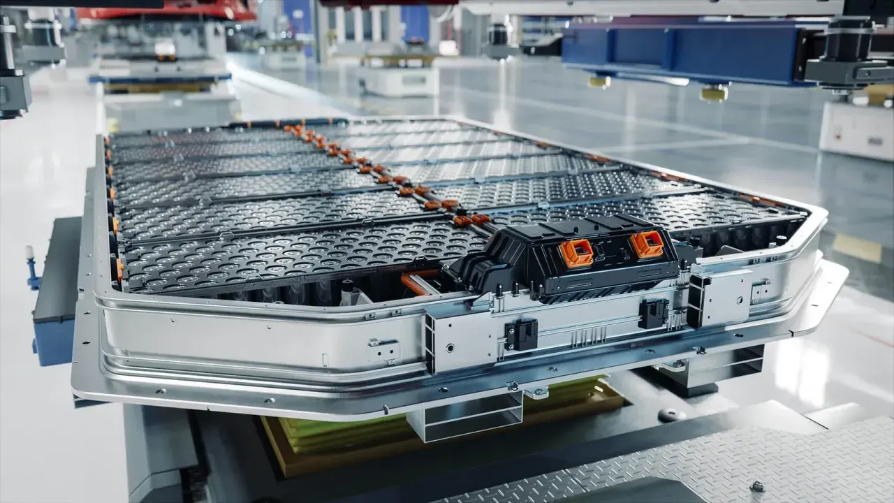 Ein großer, rechteckiger Akku mit vielen runden Zellen, bereit für den Einbau in ein Elektrofahrzeug. Dies ist ein fortschrittlicher Natrium-Ionen-Akku.