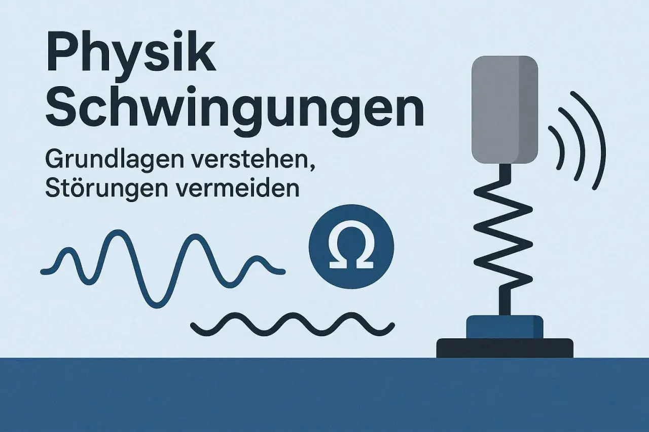 Physik: Schwingungen verstehen, Störungen vermeiden. Wellen und ein Feder-Masse-System symbolisieren elektromagnetische Schwingungen.