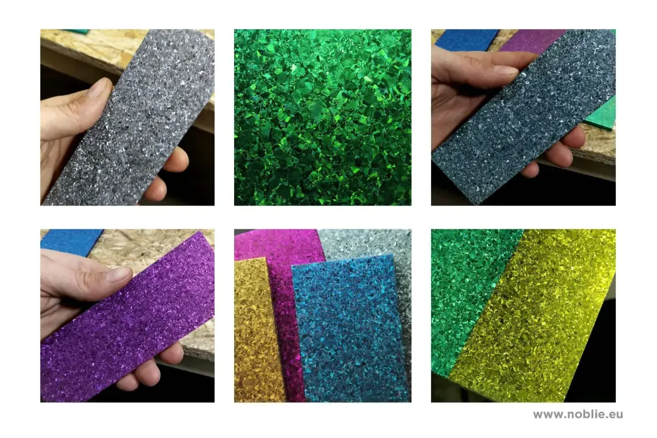 Glitzernde Oberflächen in verschiedenen Farben, die an die schillernde Oberfläche von Titan erinnern.