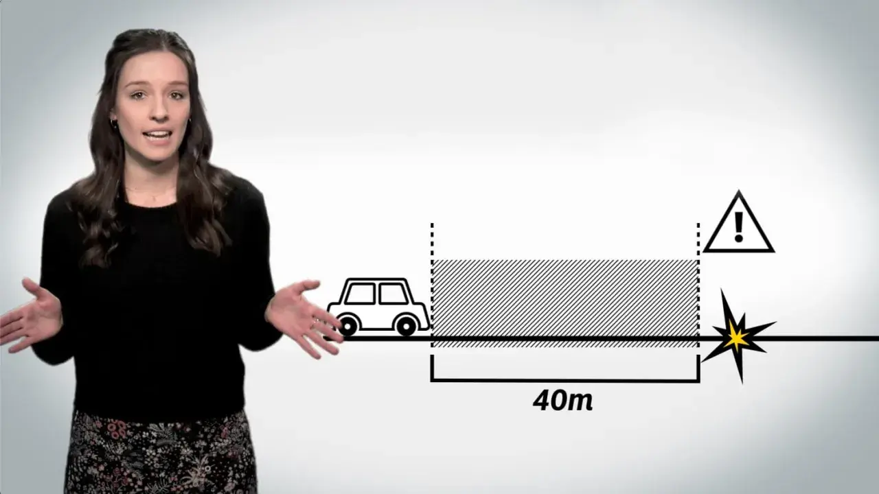 Frau erklärt die Bremsweg Formel mit einem Auto, 40m und einem Warnsymbol.