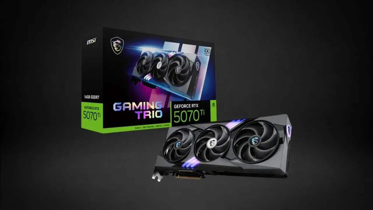 MSI GeForce RTX 5070 Ti Gaming Trio Grafikkarte und Verpackung. Perfekt, um die GPU-Gesundheit für Gaming zu prüfen.