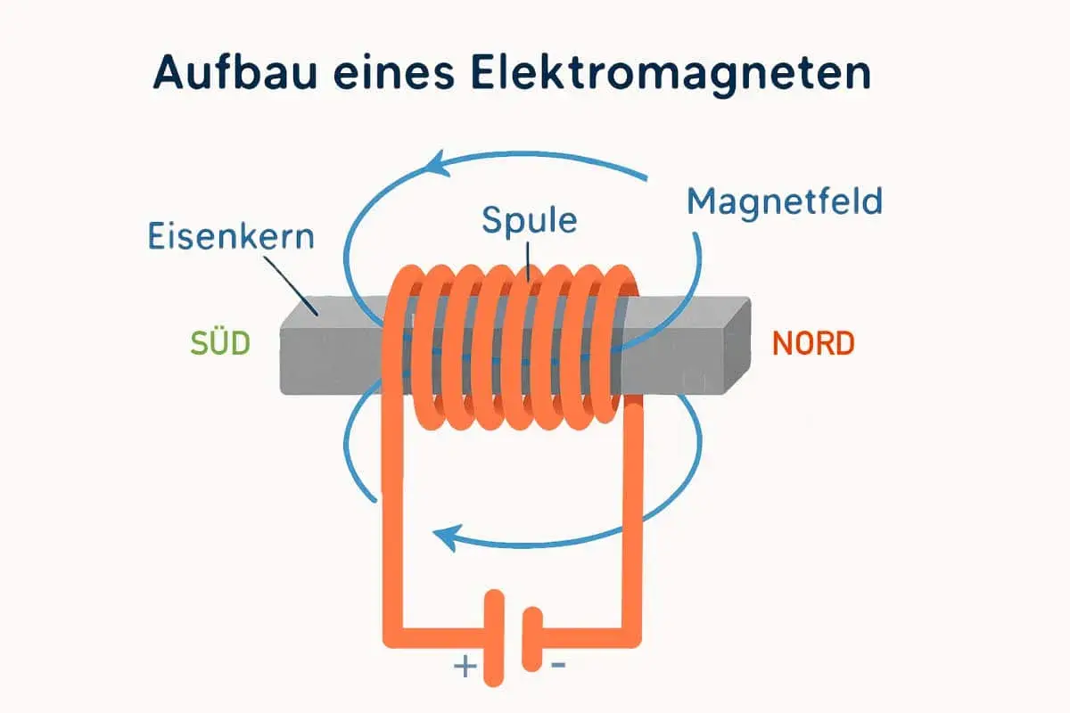 Aufbau eines Elektromagneten: Ein Eisenkern mit Spule, verbunden mit einer Batterie, erzeugt ein Magnetfeld. Südpol und Nordpol sind gekennzeichnet.