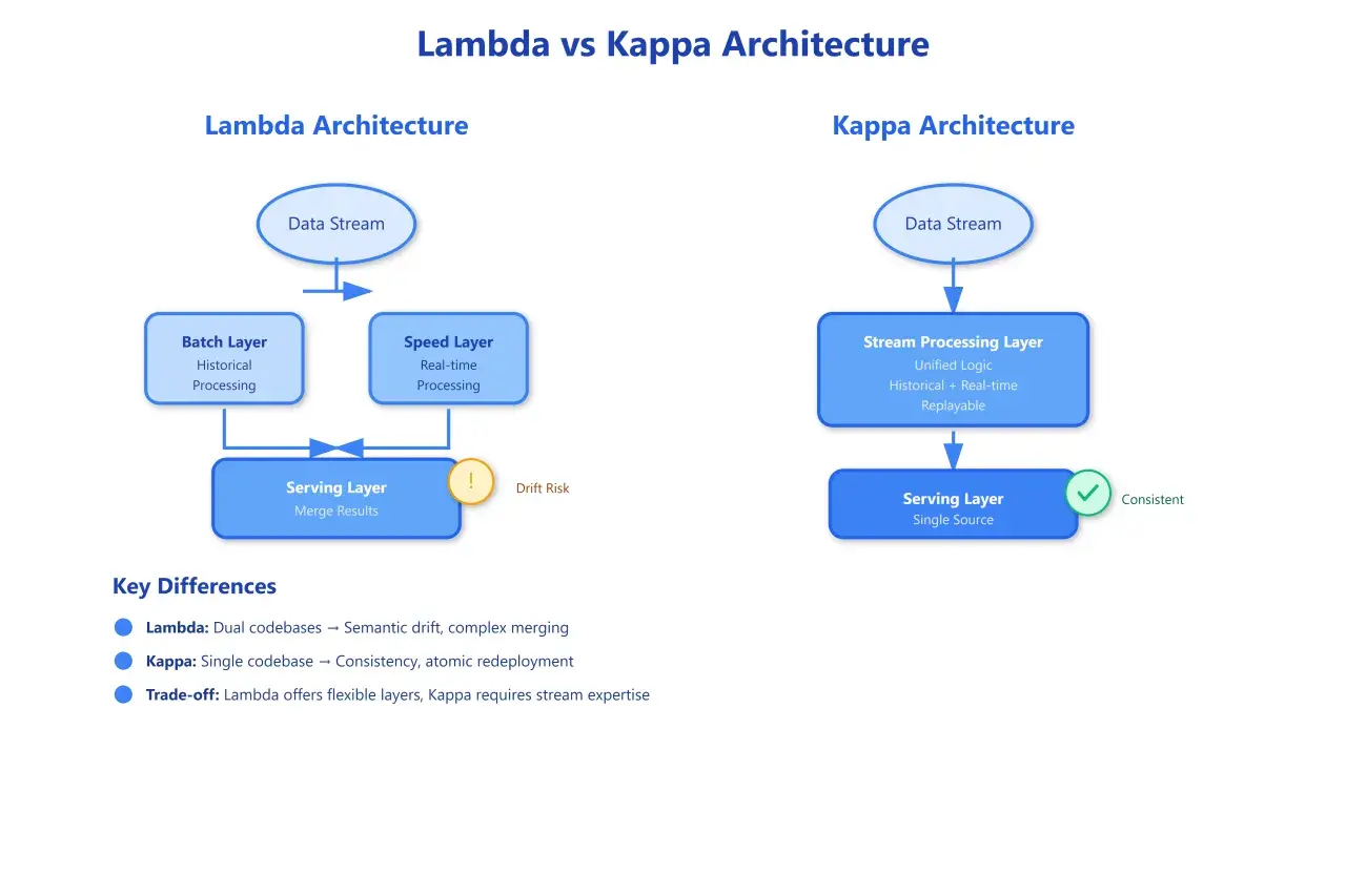 Vergleich von Lambda vs Kappa Architektur: Lambda mit Batch- und Speed-Layer, Kappa mit Stream-Processing-Layer. Lambda birgt Drift-Risiko.