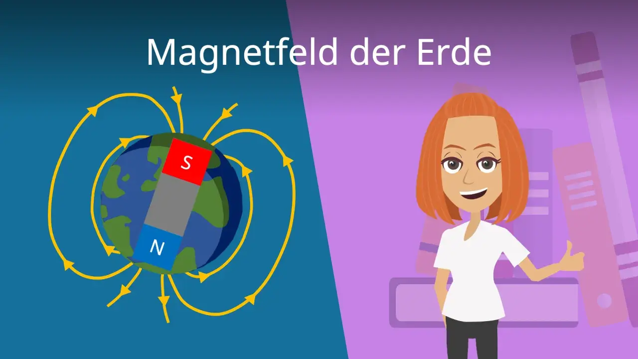 Die Erde mit einem Stabmagneten, der das Magnetfeld der Erde symbolisiert. Eine Frau mit roten Haaren gibt einen Daumen hoch.