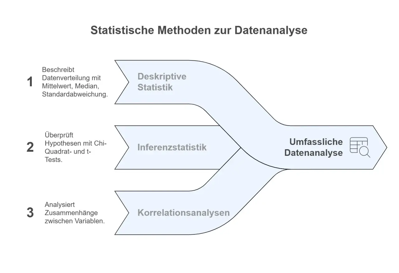 Diagramm zeigt statistische Methoden: deskriptive Statistik, Inferenzstatistik und Korrelationsanalysen zur umfassenden Datenanalyse. Fragebogen auswerten.