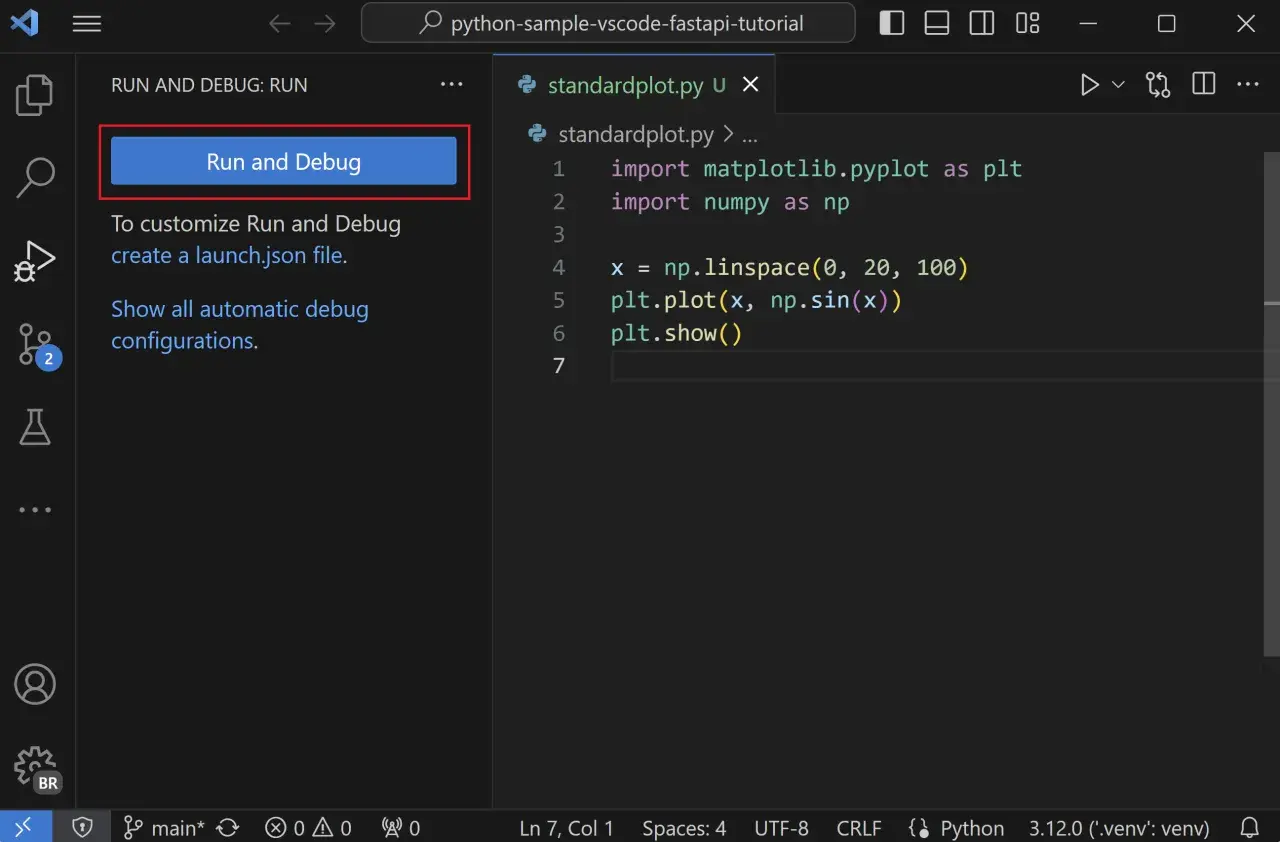 VS Code: Python-Code mit `Run and Debug` starten. Der `python debugger` ist bereit.