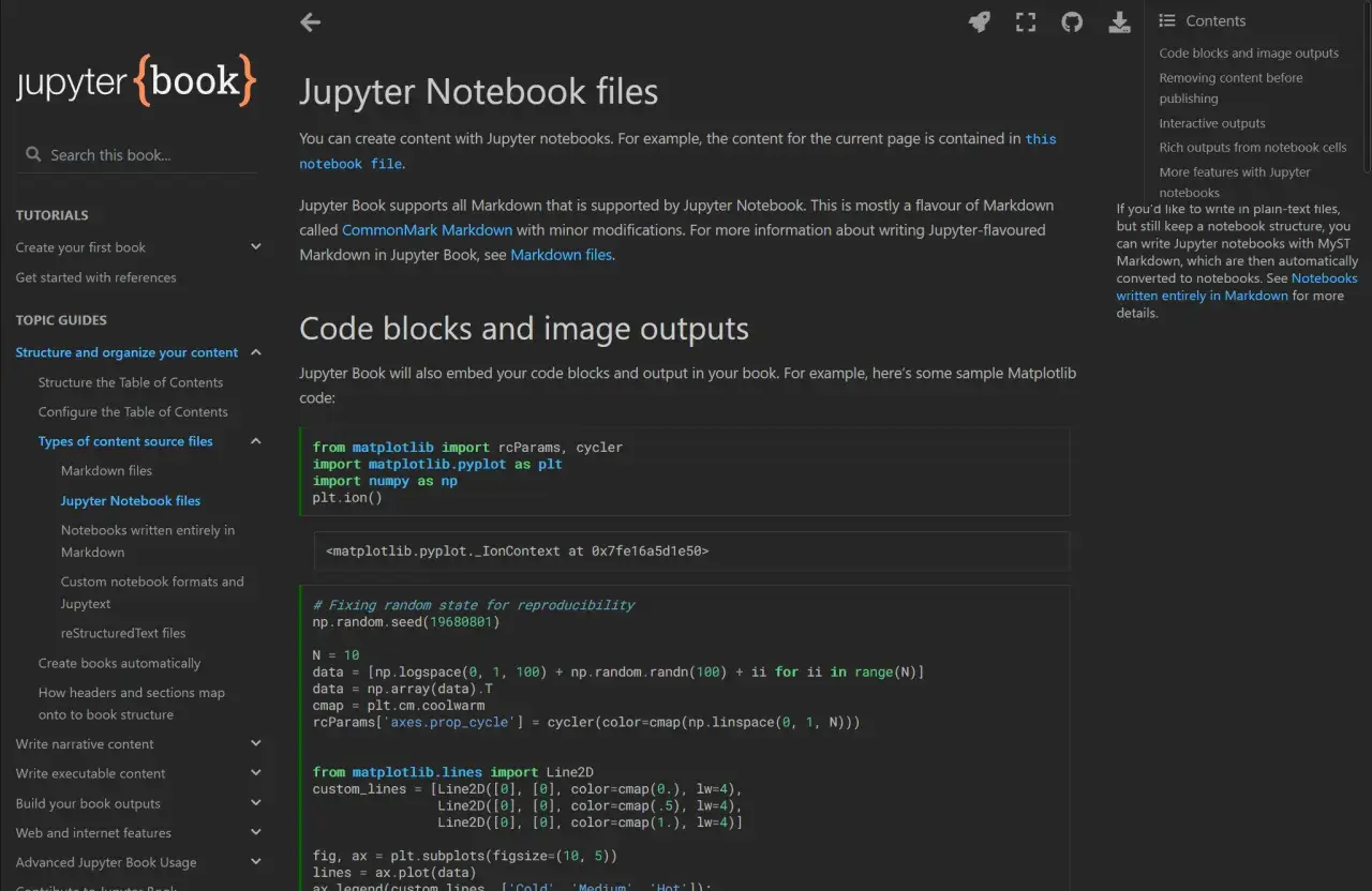 Jupyter Notebook Dark Mode: Code-Blöcke und Bildausgaben werden in Jupyter Book eingebettet.
