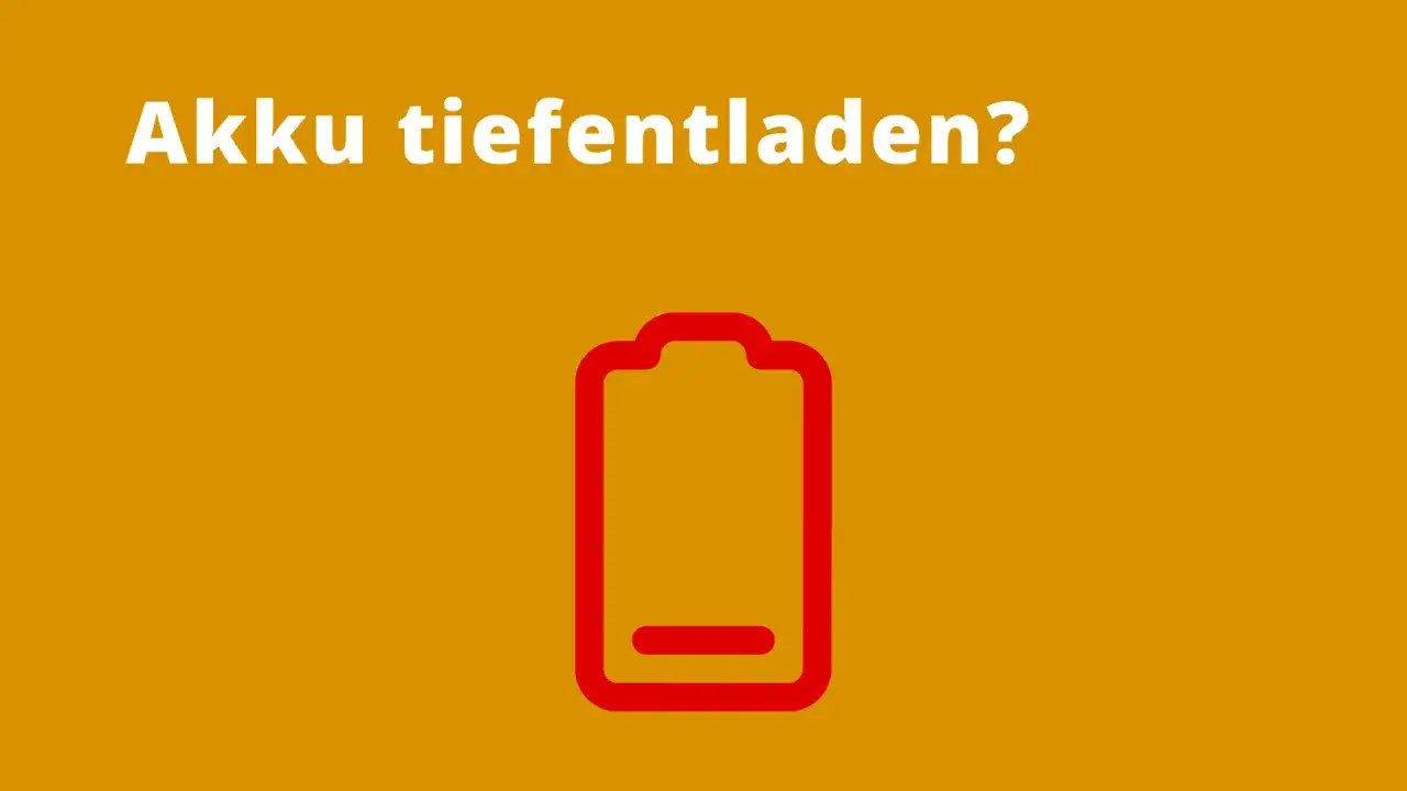 Akku tiefentladen? Rotes Batteriesymbol mit fast leerem Ladebalken auf orangefarbenem Hintergrund.