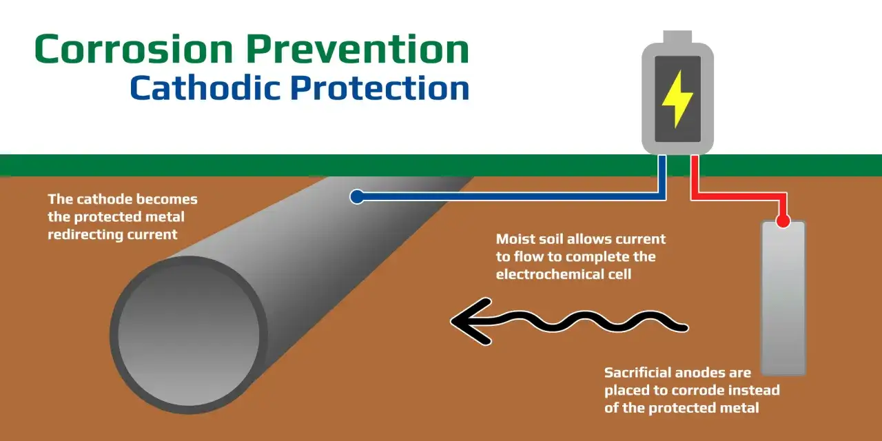 Schutz vor elektrochemischer Korrosion: Eine Batterie sch&uuml;tzt ein Rohr, indem sie einen Opferanoden-Stromkreis im feuchten Boden vervollst&auml;ndigt.