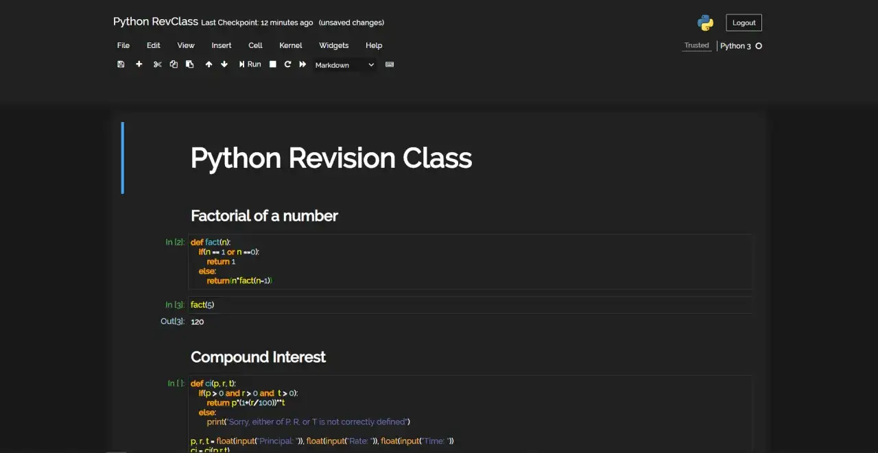 Jupyter Notebook im Dark Mode zeigt Python-Code f&uuml;r Fakult&auml;t und Zinsberechnung.