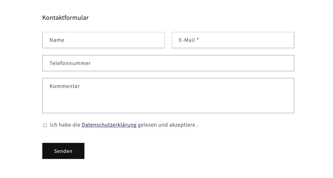 Kontaktformular mit Feldern für Name, E-Mail, Telefonnummer und Kommentar. Eine Checkbox bestätigt, dass die Datenschutzerklärung gelesen wurde, was zeigt, welchen Prinzipien unterliegt die Einwilligung.