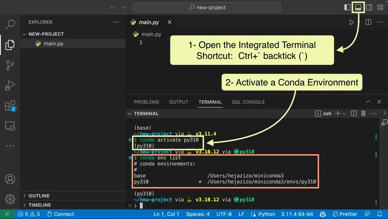Terminal zeigt, wie man mit `conda export environment` ein Conda-Environment erstellt.