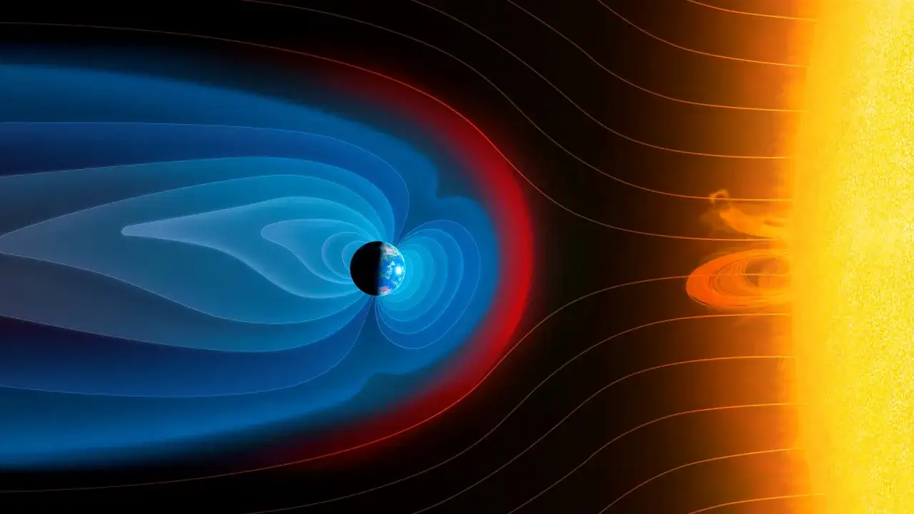 Das Magnetfeld der Erde schützt uns vor der Sonne. Blaue und rote Linien zeigen die Ausdehnung des Feldes, das die Erde umgibt.