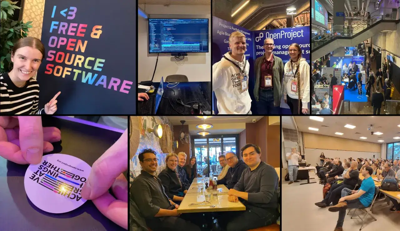 Ein Team feiert das open source projekt OpenProject. Menschen arbeiten, präsentieren und essen gemeinsam.