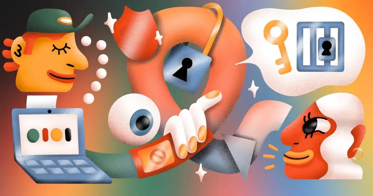 Kopf mit Kappe und Laptop, Auge, Hand mit Verbotsschild, Sprechblase mit Schl&uuml;ssel und Schloss. Das Bild symbolisiert privacy by design.