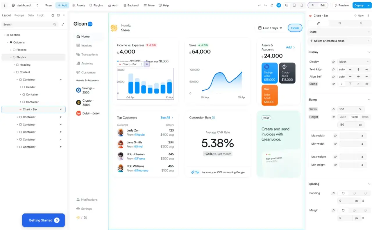 Ein Dashboard mit Diagrammen, die Einkommen vs. Ausgaben und Verk&auml;ufe zeigen. Links ist eine Seitenleiste mit Navigationsoptionen und dem ausgew&auml;hlten 