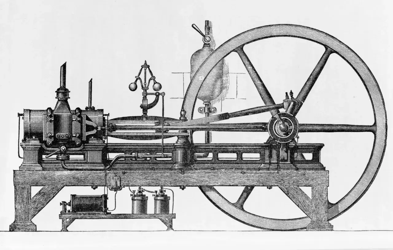 Eine detaillierte Zeichnung einer Dampfmaschine, ein Symbol der Industrialisierung, mit großem Schwungrad und komplexen Mechanismen.