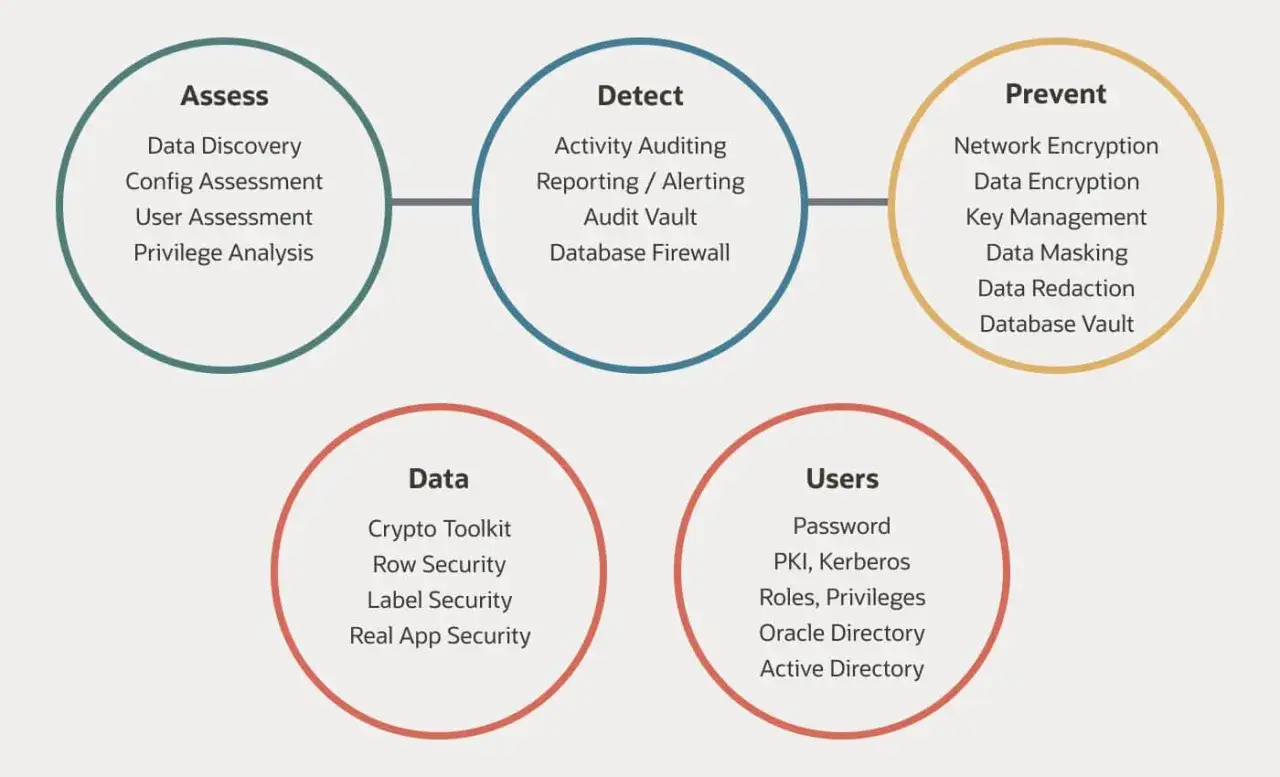 Schema zur Klassifizierung von Informationen: Assess, Detect, Prevent, Data, Users. Zeigt Schritte zur Datensicherheit und zum Schutz.