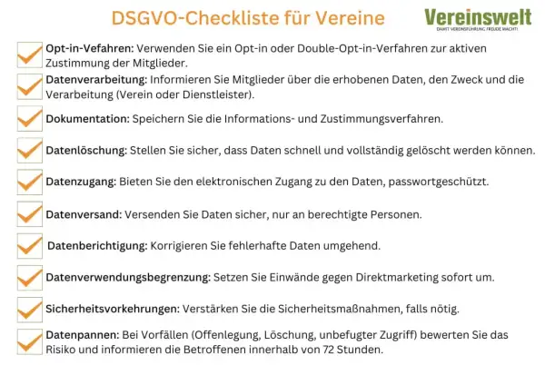 DSGVO-Checkliste für Vereine: Aktive Zustimmung (Opt-in), Information, Dokumentation, Löschung, Zugang, Versand, Berichtigung, Begrenzung, Sicherheit und Umgang mit Datenpannen sind Prinzipien, welchen die Einwilligung unterliegt.